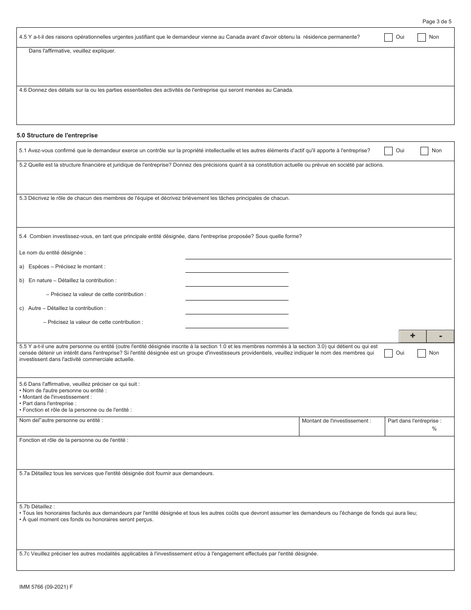 Forme IMM5766 Categorie DES Titulaires De Visa Pour Demarrage Dentreprise - Lettre Dengagement - Canada (French), Page 3
