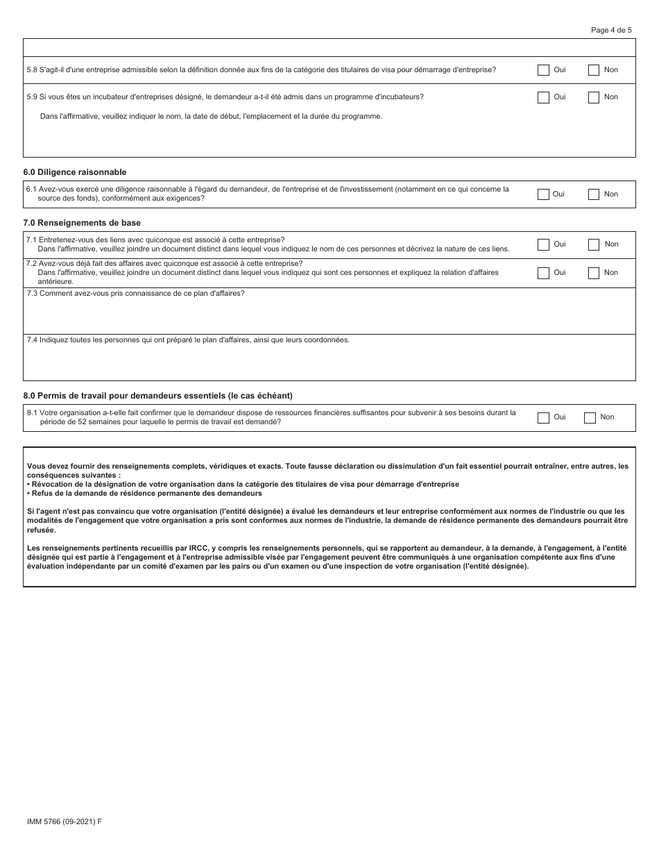 Forme IMM5766 Categorie DES Titulaires De Visa Pour Demarrage Dentreprise - Lettre Dengagement - Canada (French), Page 4