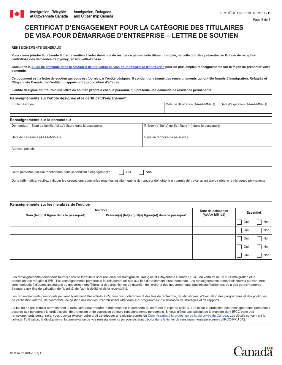 Forme IMM5766 Categorie DES Titulaires De Visa Pour Demarrage Dentreprise - Lettre Dengagement - Canada (French), Page 5