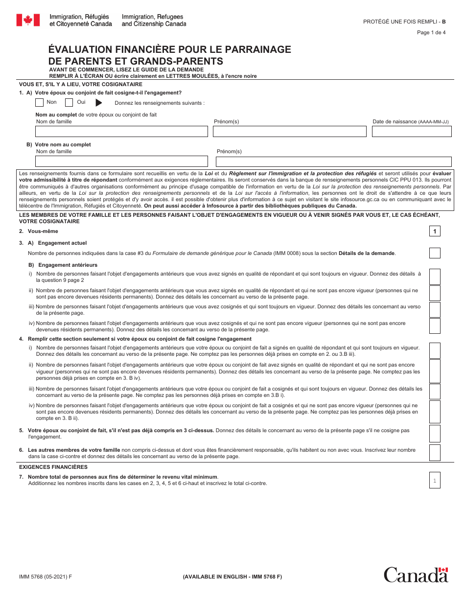 Forme IMM5768 Evaluation Financiere Pour Le Parrainage De Parents Et Grands-Parents - Canada (French), Page 1