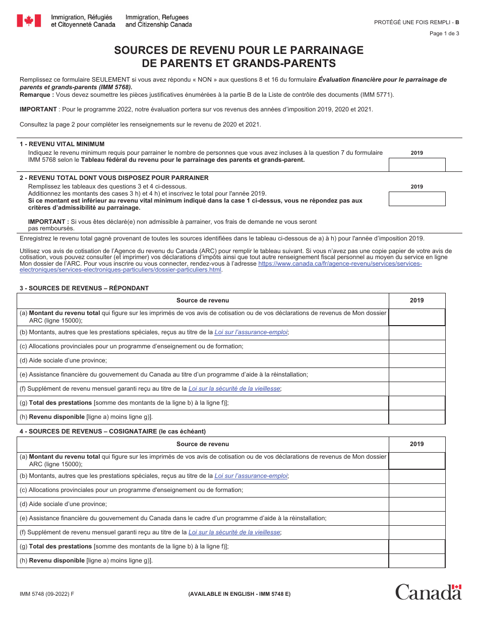 Forme IMM5748 Sources De Revenu Pour Le Parrainage De Parents Et Grands-Parents - Canada (French), Page 1