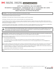 Document preview: Forme IMM5722 Liste De Controle DES Documents Residence Permanente - Demandeurs De La Categorie DES Gens D'affaires Selectionnes Par Le Quebec: Investisseurs Ou Entrepreneurs - Canada (French)