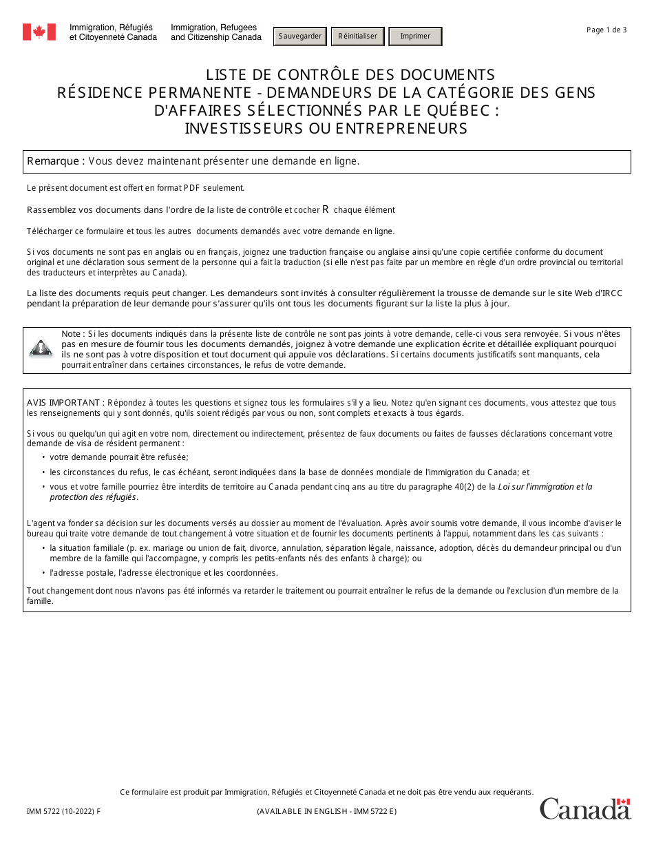 Forme IMM5722 Liste De Controle DES Documents Residence Permanente - Demandeurs De La Categorie DES Gens Daffaires Selectionnes Par Le Quebec: Investisseurs Ou Entrepreneurs - Canada (French), Page 1