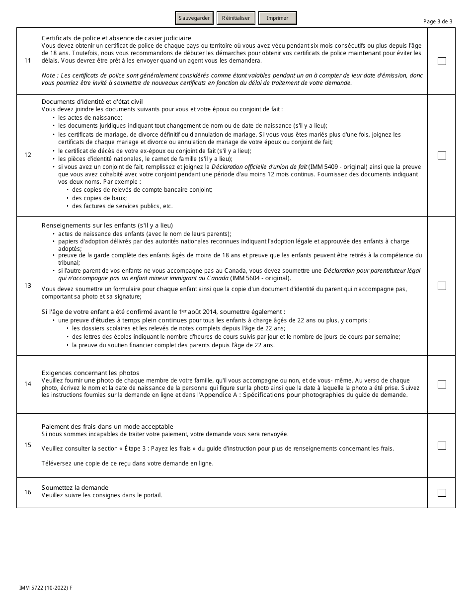 Forme IMM5722 Liste De Controle DES Documents Residence Permanente - Demandeurs De La Categorie DES Gens Daffaires Selectionnes Par Le Quebec: Investisseurs Ou Entrepreneurs - Canada (French), Page 3