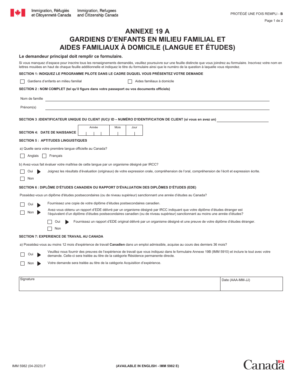 Forme IMM5982 Agenda 19A Formulaire Doffre Demploi - Gardiens / Gardiennes Denfants En Milieu Familial Et Aides Familiaux a Domicile - Canada (French), Page 1