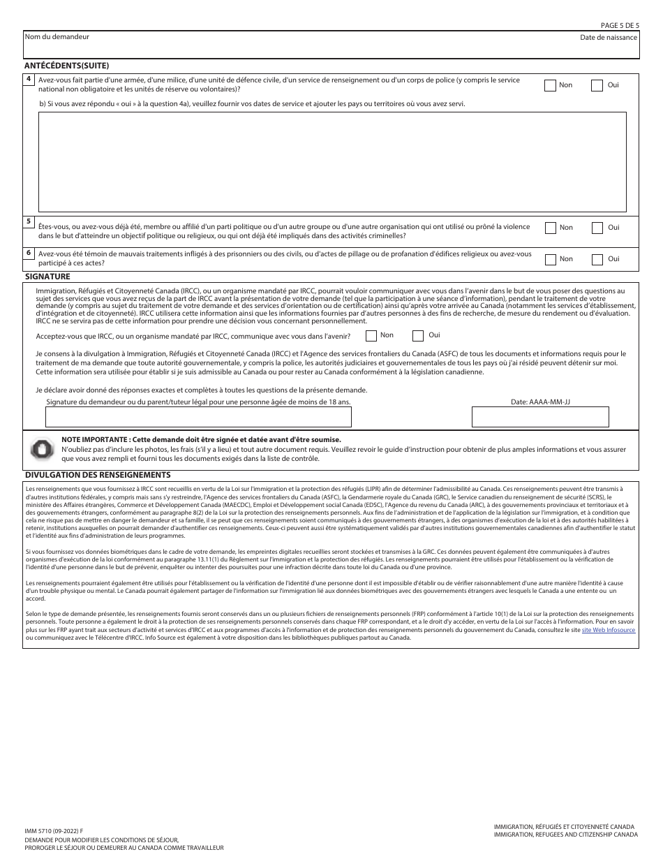 Forme IMM5710 Demande Pour Modifier Les Conditions De Sejour, Proroger Le Sejour Ou Demeurer Au Canada Comme Travailleur - Canada (French), Page 5