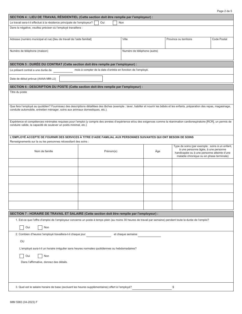 Forme IMM5983 Formulaire Doffre Demploi - Gardiens / Gardiennes Denfants En Milieu Familial Et Aides Familiaux a Domicile - Canada (French), Page 2