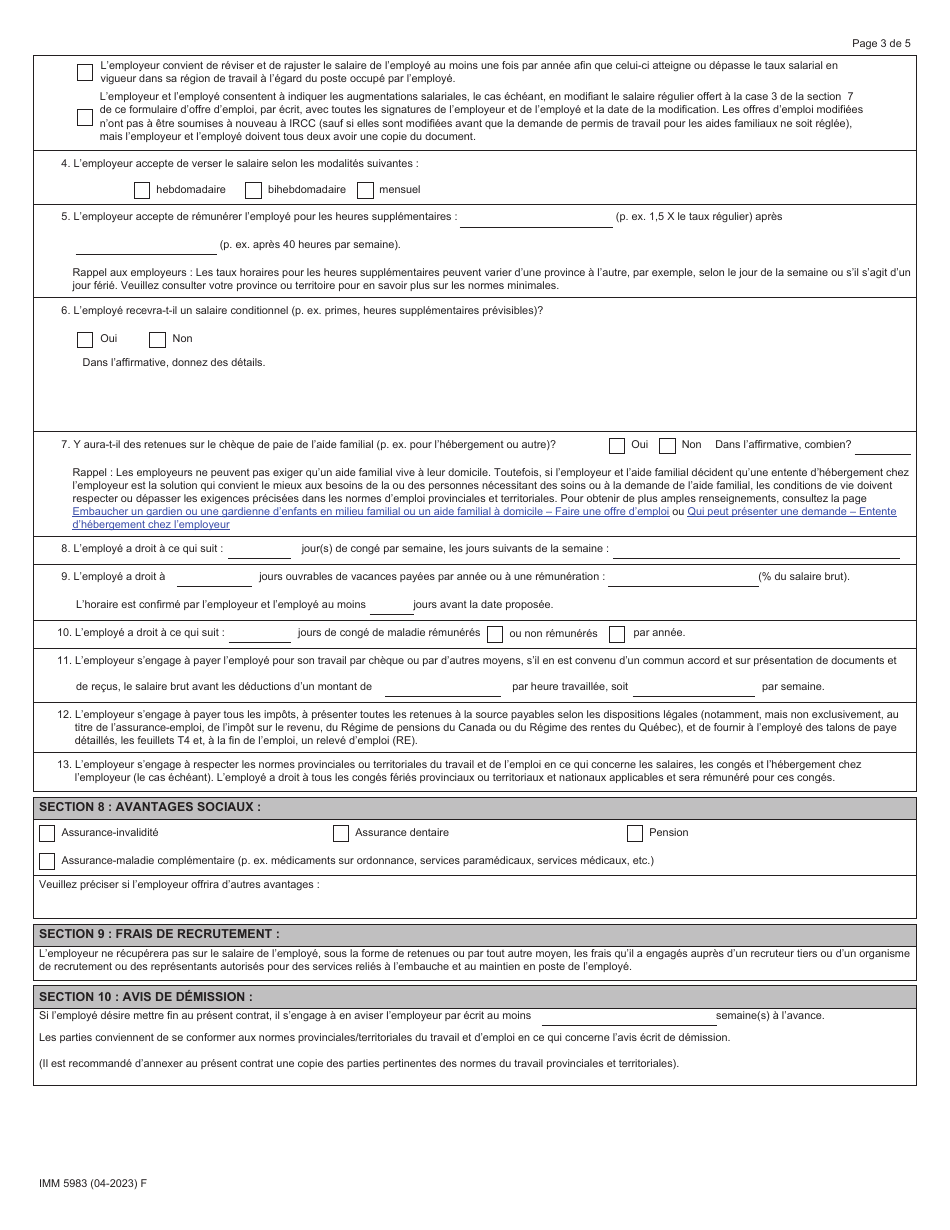 Forme IMM5983 Formulaire Doffre Demploi - Gardiens / Gardiennes Denfants En Milieu Familial Et Aides Familiaux a Domicile - Canada (French), Page 3