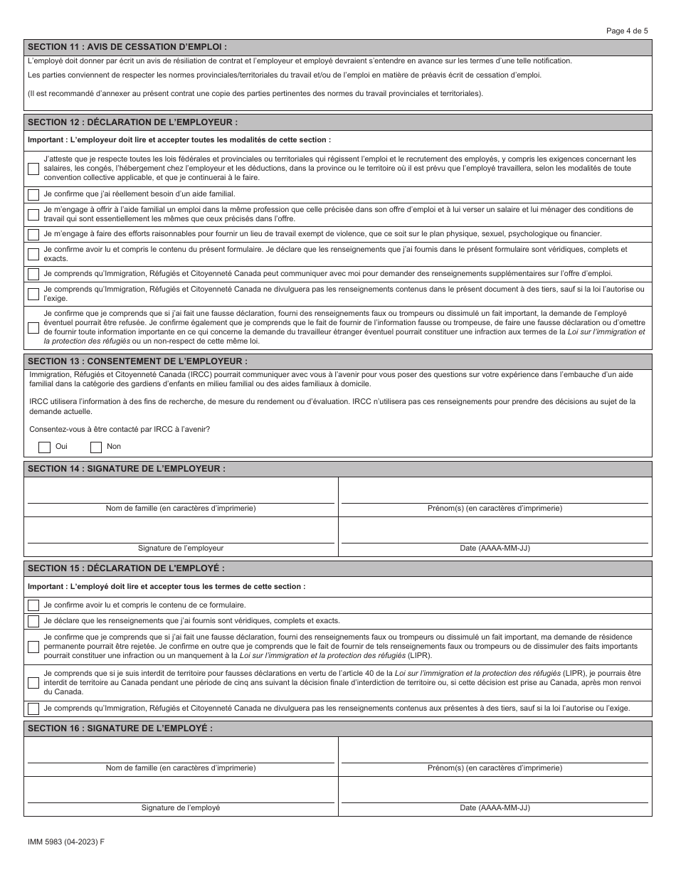Forme IMM5983 Formulaire Doffre Demploi - Gardiens / Gardiennes Denfants En Milieu Familial Et Aides Familiaux a Domicile - Canada (French), Page 4