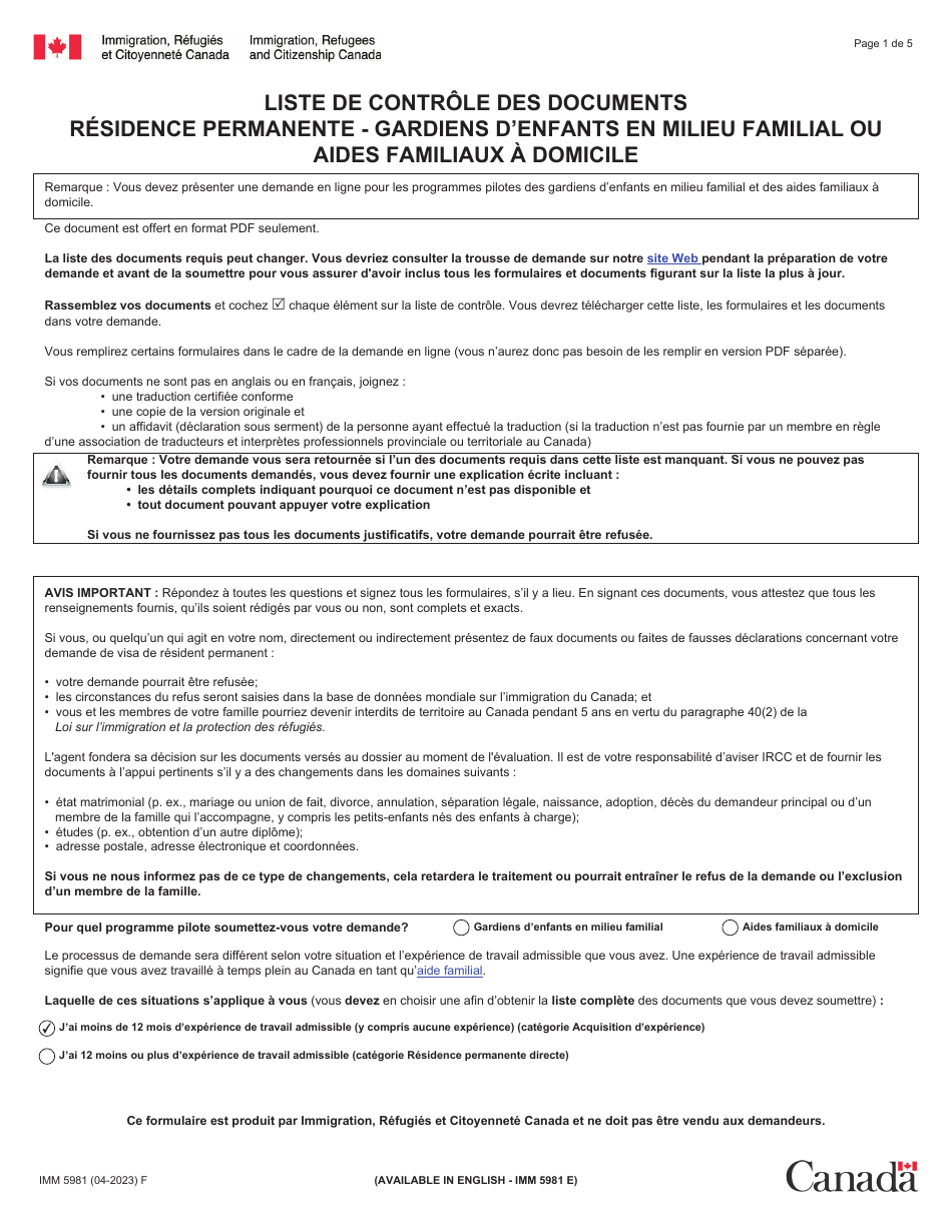 Forme IMM5981 Liste De Controle DES Documents - Gardiens / Gardiennes Denfants En Milieu Familial Et Aides Familiaux a Domicile - Canada (French), Page 1