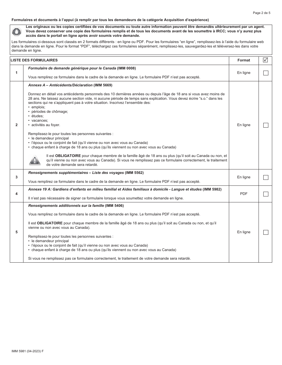 Forme IMM5981 Liste De Controle DES Documents - Gardiens / Gardiennes Denfants En Milieu Familial Et Aides Familiaux a Domicile - Canada (French), Page 2