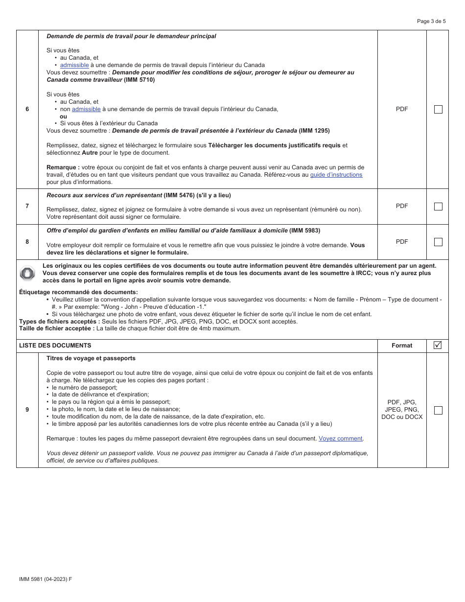 Forme IMM5981 Liste De Controle DES Documents - Gardiens / Gardiennes Denfants En Milieu Familial Et Aides Familiaux a Domicile - Canada (French), Page 3