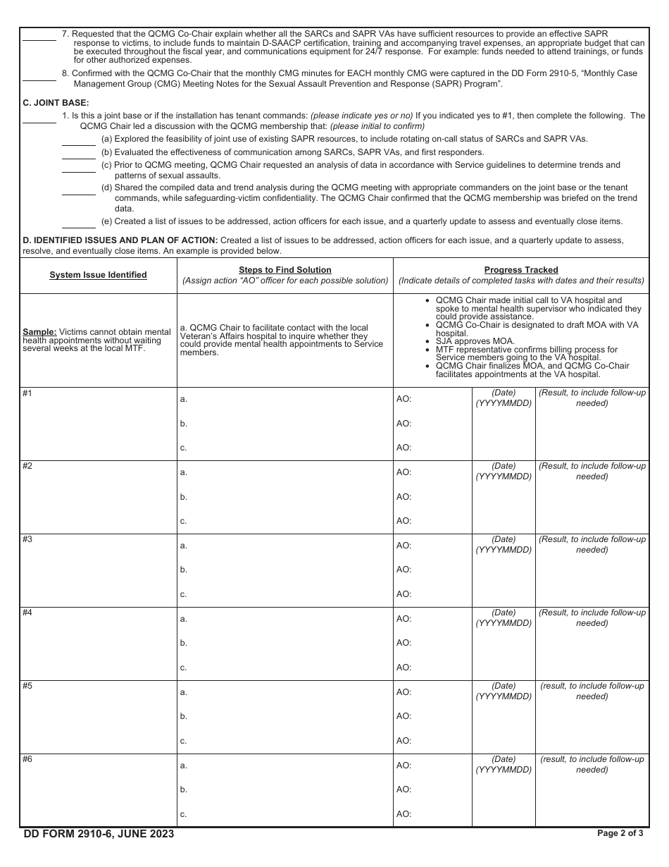 Form DD2910-6 Quarterly Case Management Group (Qcmg) Meeting Notes for the Sexual Assault Prevention and Response (Sapr) Program, Page 2