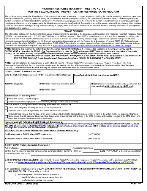DD Form 2910-7 High Risk Response Team (Hrrt) Meeting Notes for the Sexual Assault Prevention and Response (Sapr) Program