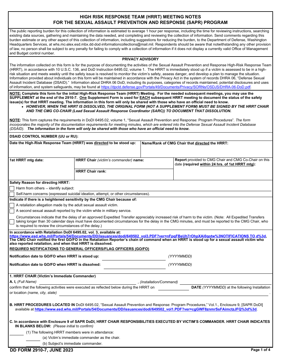 DD Form 2910-7 High Risk Response Team (Hrrt) Meeting Notes for the Sexual Assault Prevention and Response (Sapr) Program, Page 1