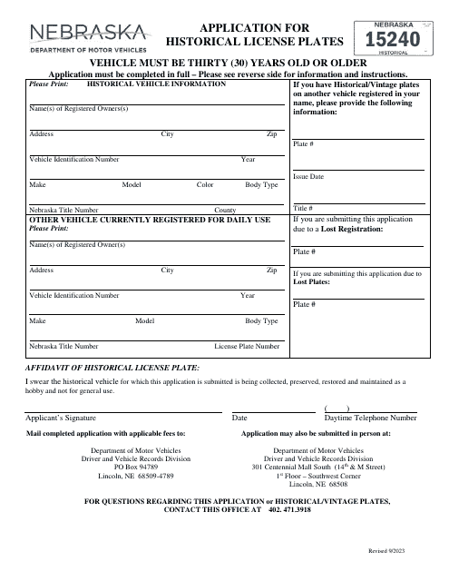 Application for Historical License Plates - Nebraska Download Pdf