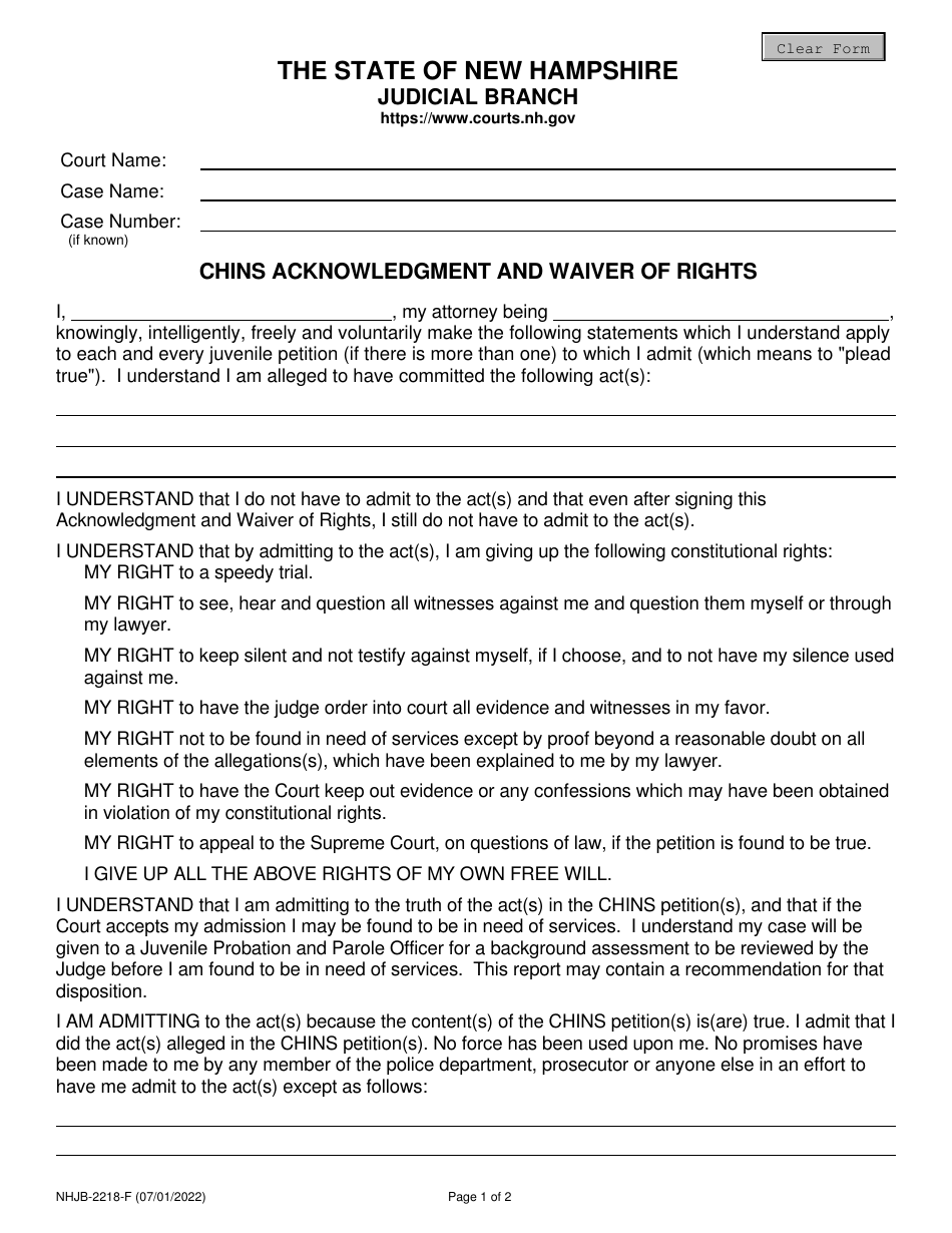 Form NHJB-2218-F Chins Acknowledgment and Waiver of Rights - New Hampshire, Page 1