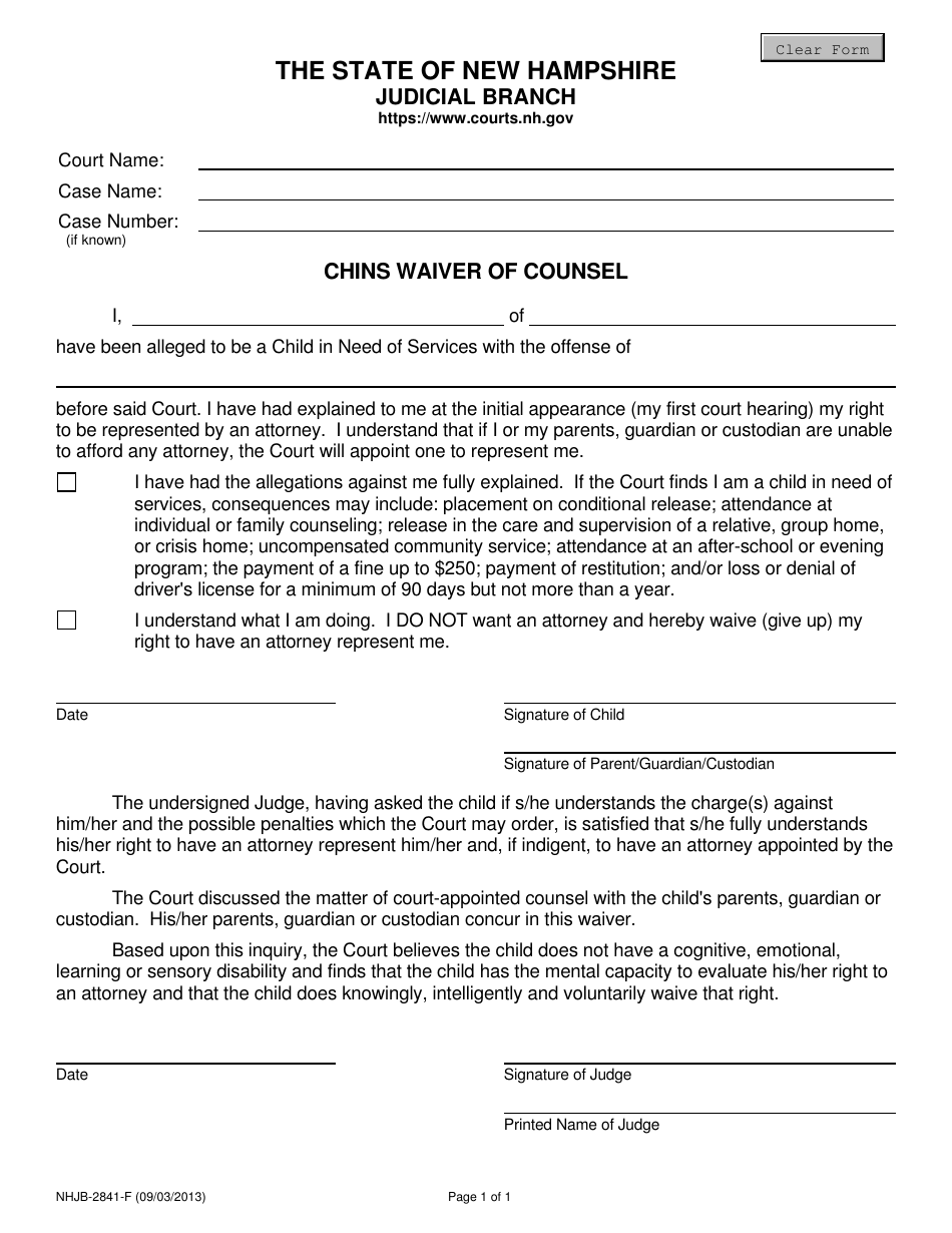 Form NHJB-2841-F Chins Waiver of Counsel - New Hampshire, Page 1