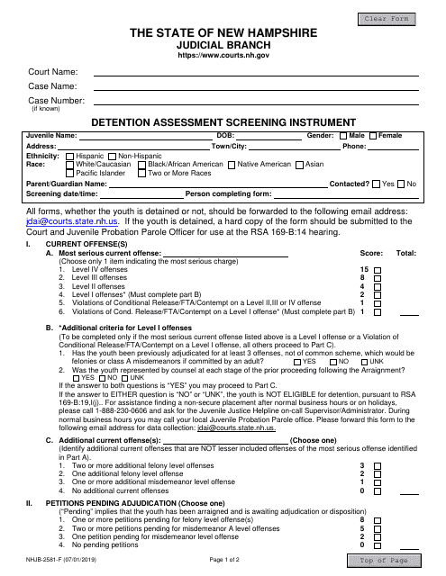 Form NHJB-2581-F Detention Assessment Screening Instrument - New Hampshire