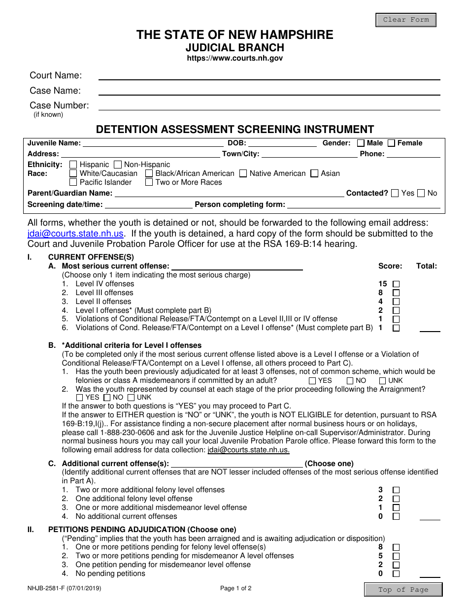 Form NHJB-2581-F Detention Assessment Screening Instrument - New Hampshire, Page 1