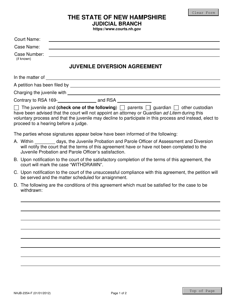 Form NHJB-2354-F Juvenile Diversion Agreement - New Hampshire, Page 1