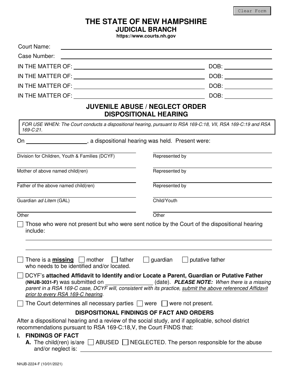 Form NHJB-2224-F Juvenile Abuse / Neglect Order Dispositional Hearing - New Hampshire, Page 1