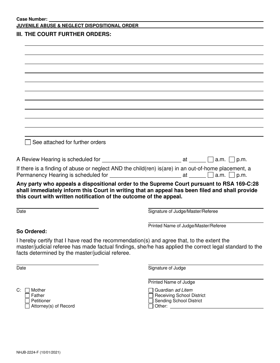 Form NHJB-2224-F Juvenile Abuse / Neglect Order Dispositional Hearing - New Hampshire, Page 7