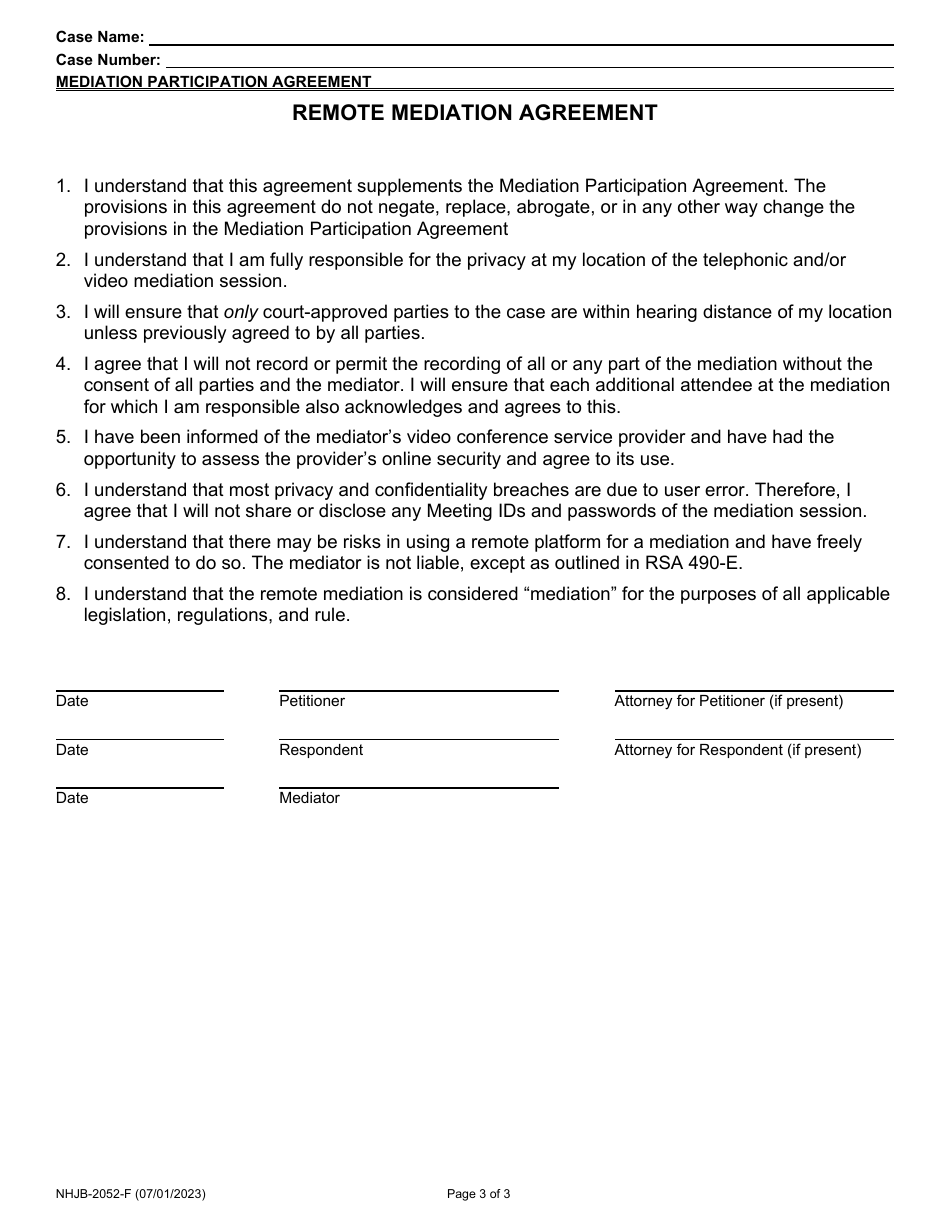 Form NHJB-2052-F Mediation Participation Agreement - New Hampshire, Page 3