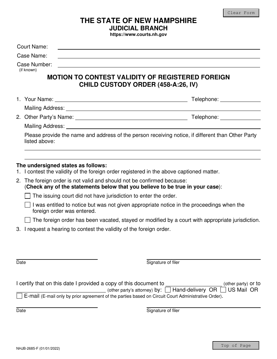 Form NHJB-2685-F Motion to Contest Validity of Registered Foreign Child Custody Order (458-a:26, IV) - New Hampshire, Page 1