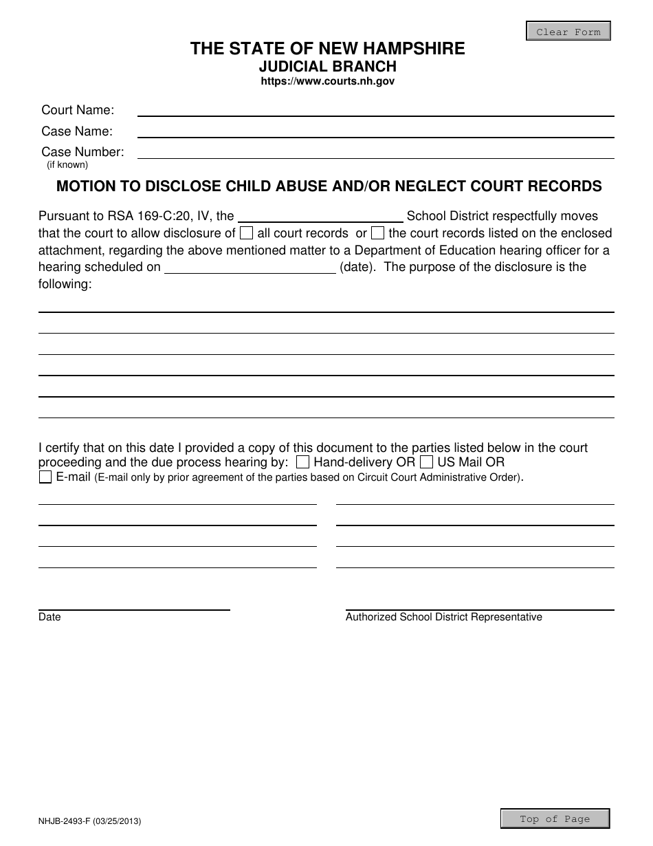 Form NHJB-2493-F Motion to Disclose Child Abuse and / or Neglect Court Records - New Hampshire, Page 1