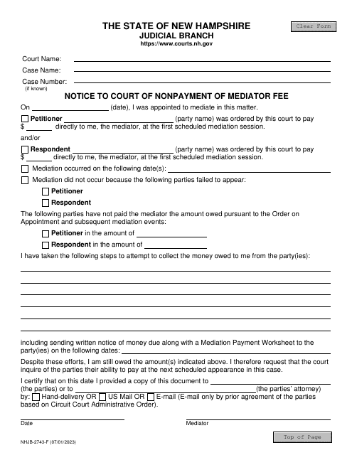 Form NHJB-2743-F Notice to Court of Nonpayment of Mediator Fee - New Hampshire