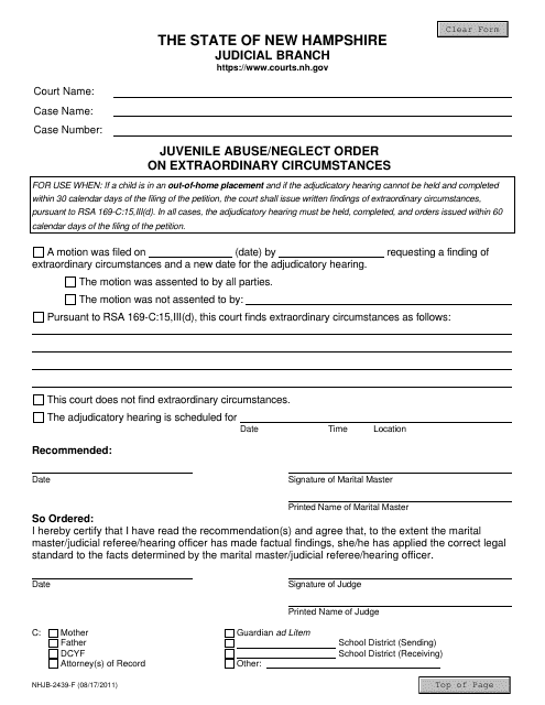 Form NHJB-2439-F Juvenile Abuse/Neglect Order on Extraordinary Circumstances - New Hampshire