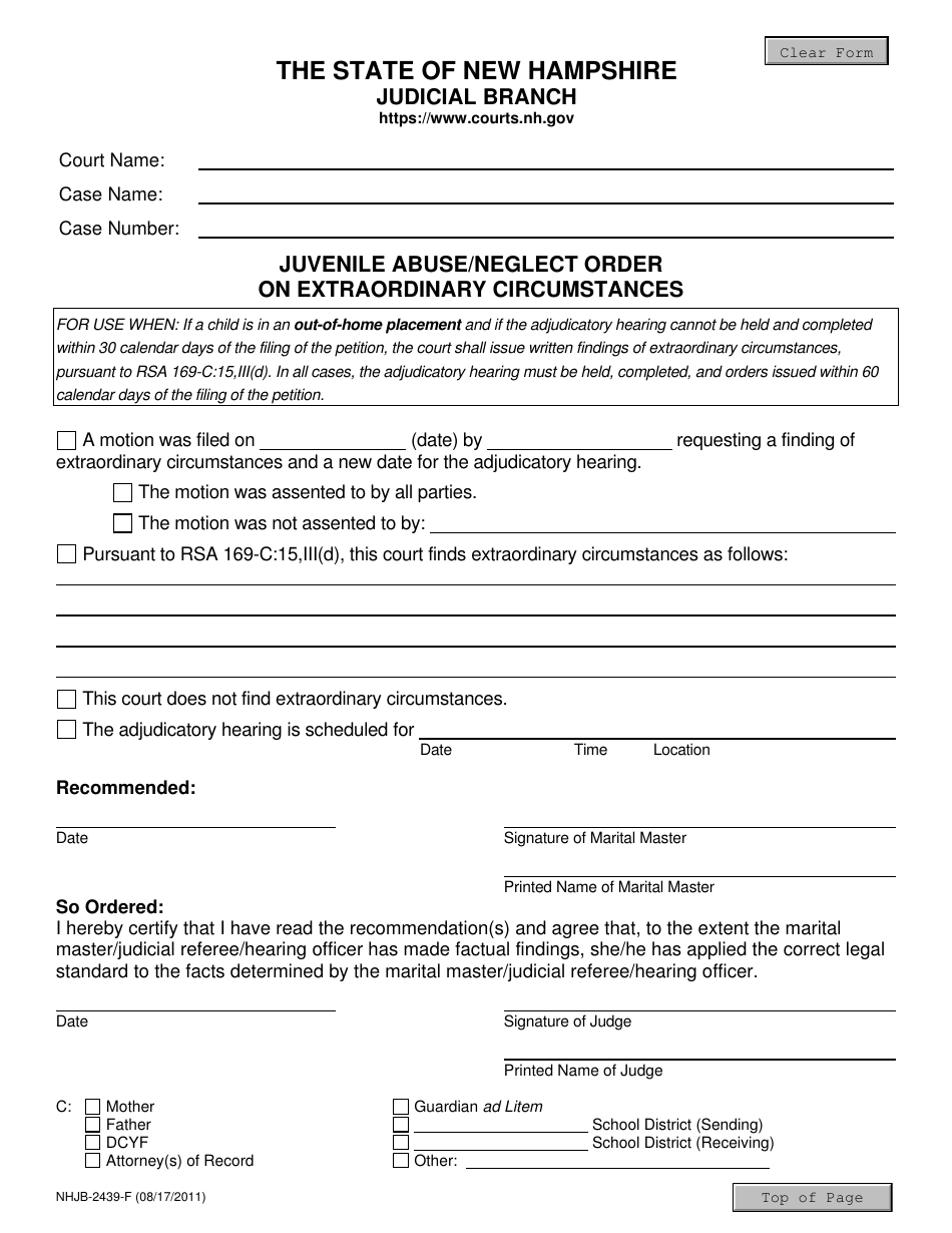 Form NHJB-2439-F Juvenile Abuse / Neglect Order on Extraordinary Circumstances - New Hampshire, Page 1