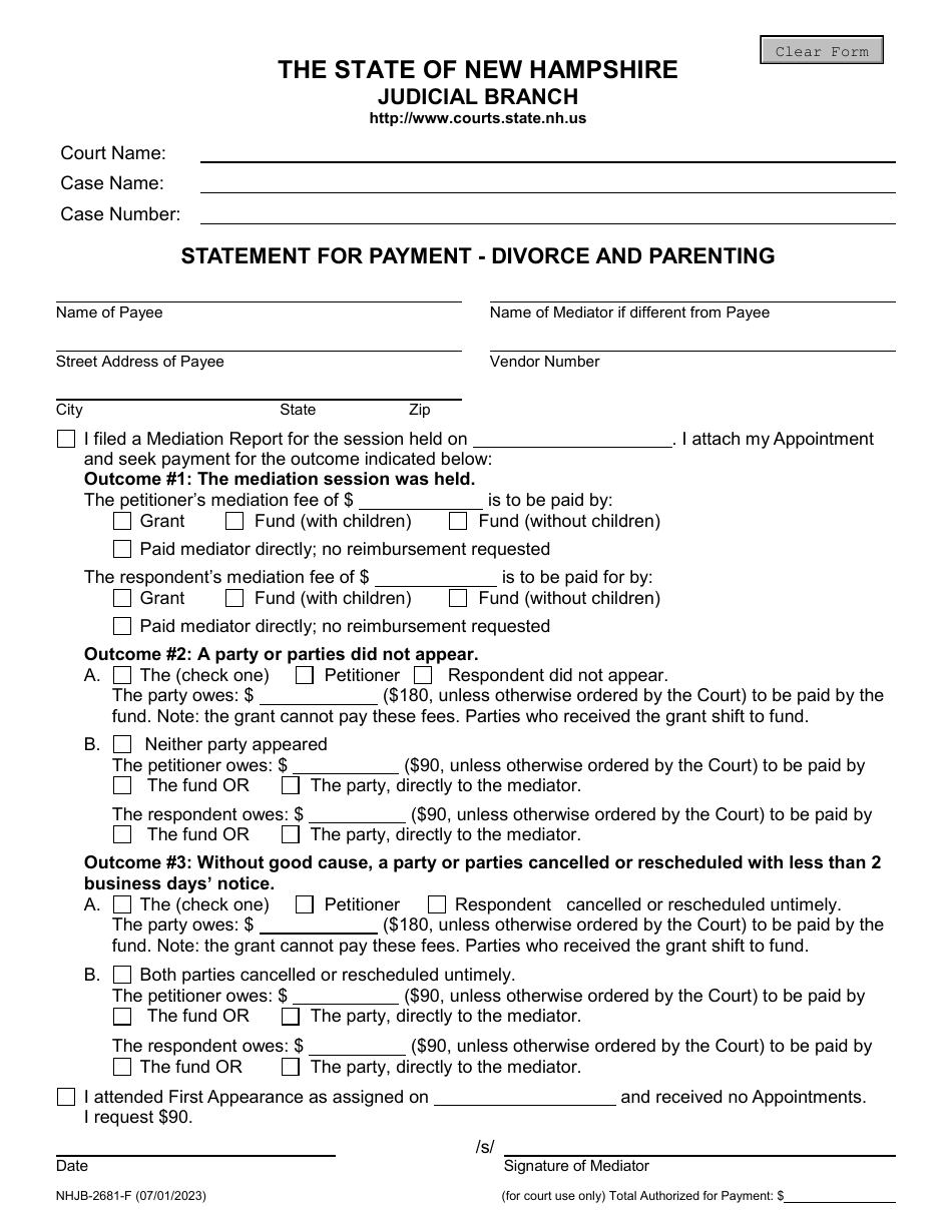 Form NHJB-2681-F Statement for Payment - Divorce and Parenting - New Hampshire, Page 1