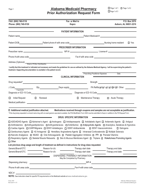 Form 369 Pharmacy Prior Authorization Request Form - Alabama