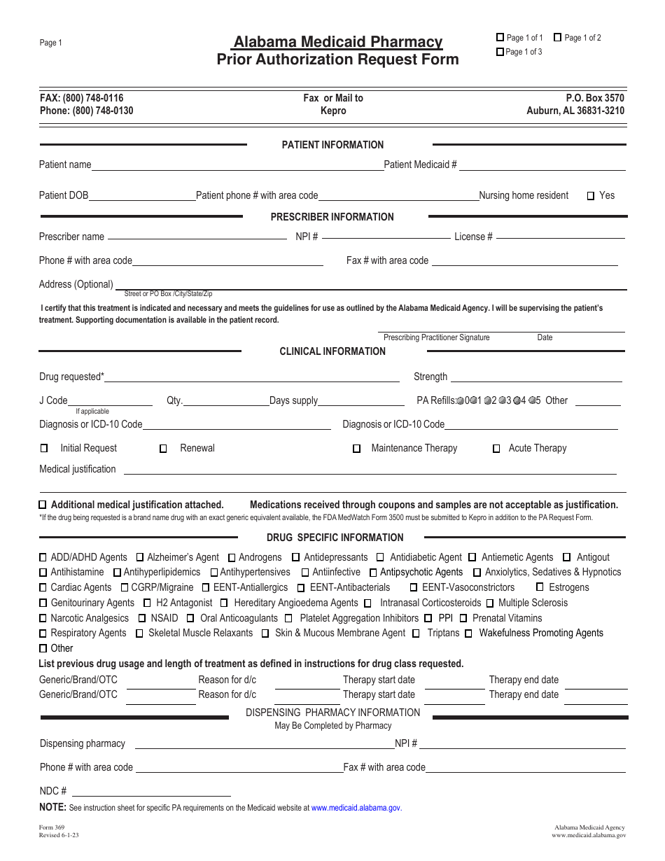 Form 369 Pharmacy Prior Authorization Request Form - Alabama, Page 1