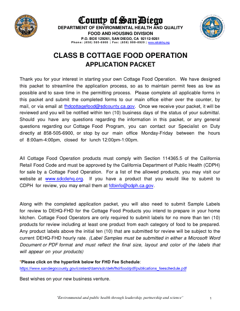 Class B Cottage Food Operation Application Packet - County of San Diego, California Download Pdf