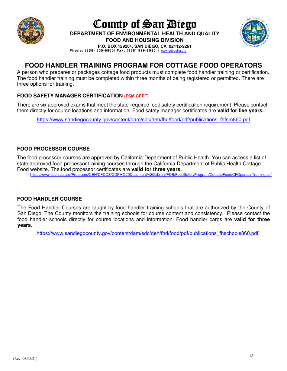 Class B Cottage Food Operation Application Packet - County of San Diego, California, Page 12