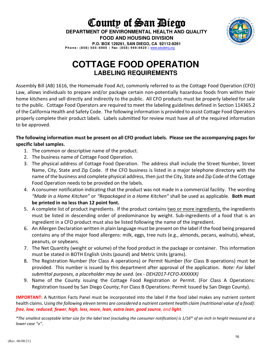 Class B Cottage Food Operation Application Packet - County of San Diego, California, Page 16