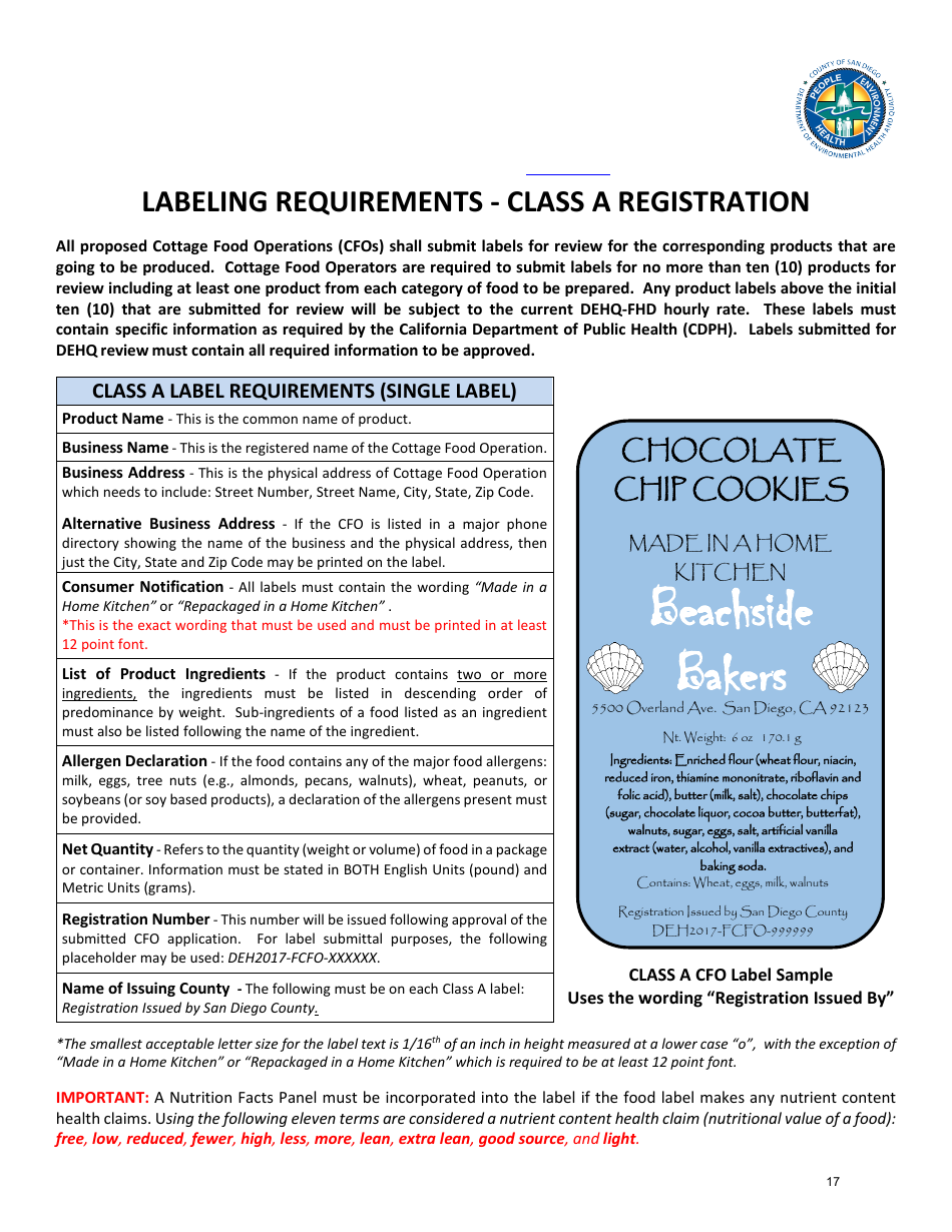 Class B Cottage Food Operation Application Packet - County of San Diego, California, Page 17