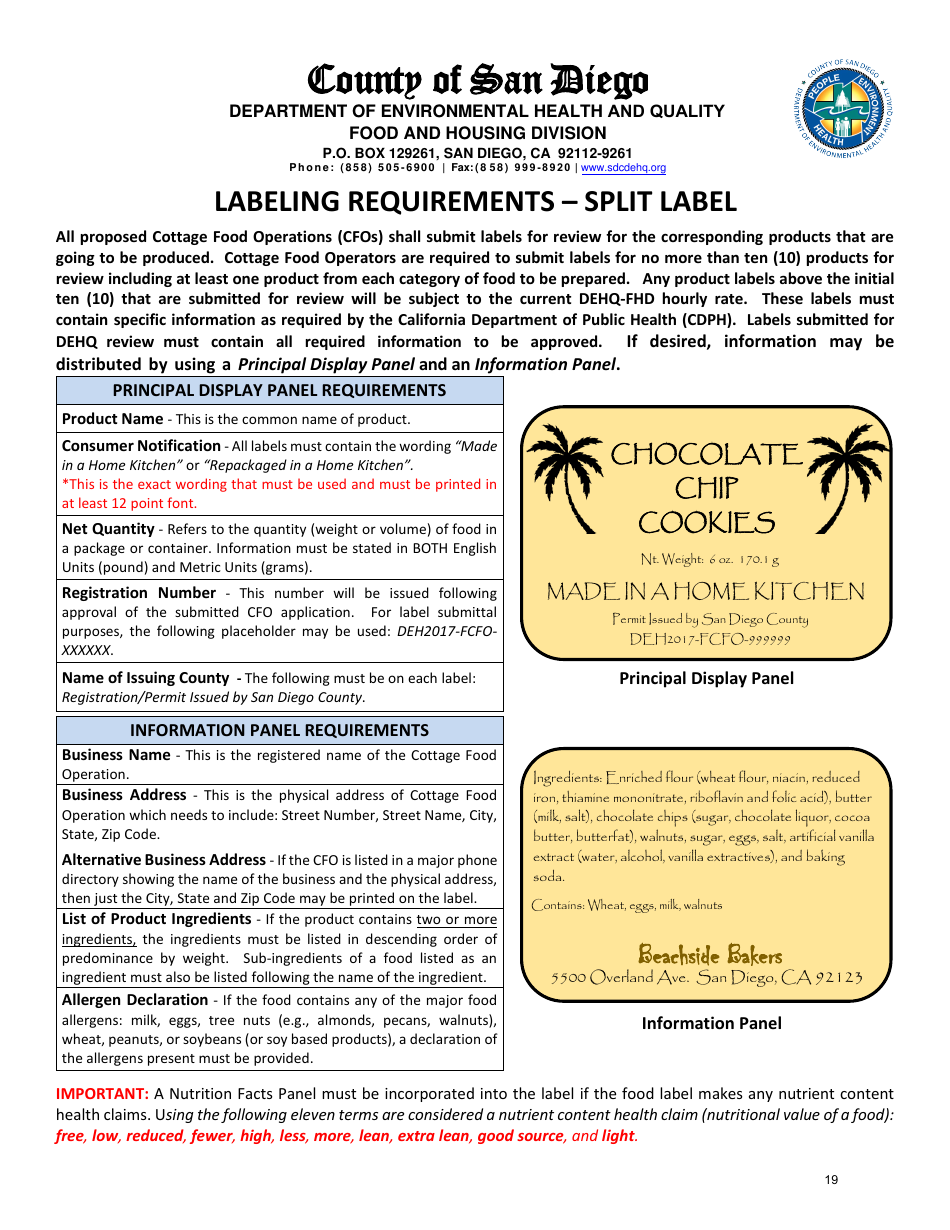 Class B Cottage Food Operation Application Packet - County of San Diego, California, Page 19