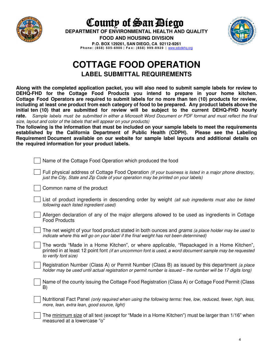 Class B Cottage Food Operation Application Packet - County of San Diego, California, Page 4