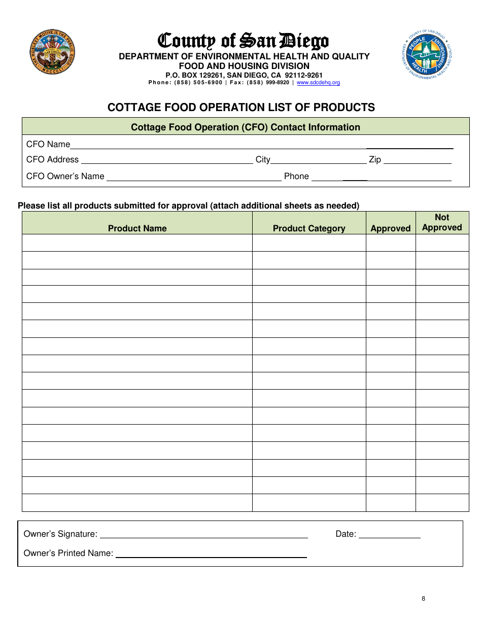 Class B Cottage Food Operation Application Packet - County of San Diego, California, Page 8