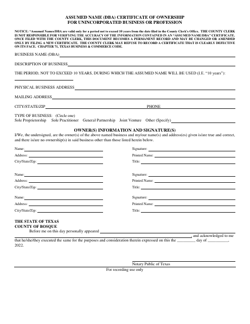 Assumed Name (Dba) Certificate of Ownership for Unincorporated Business or Profession - Bosque County, Texas Download Pdf