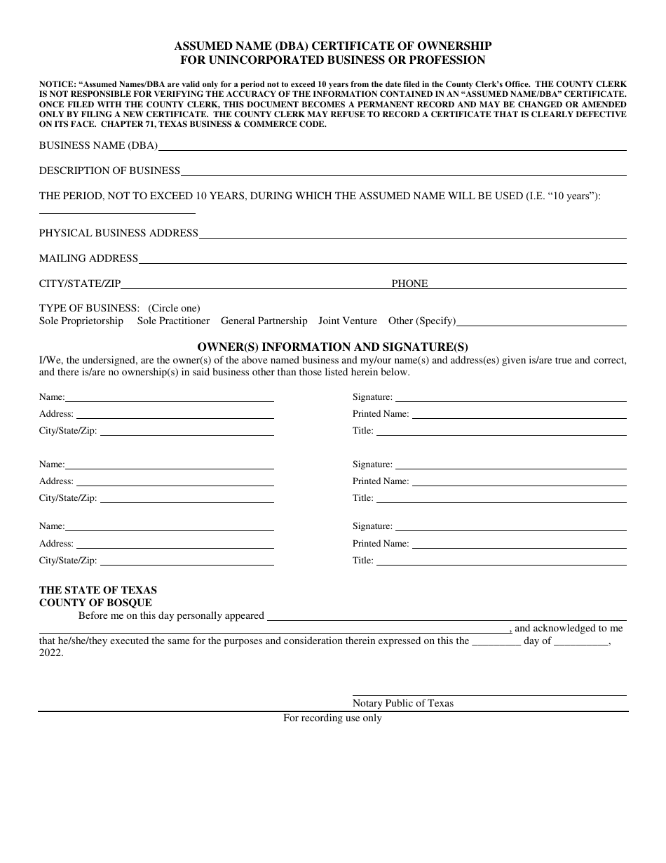 Assumed Name (Dba) Certificate of Ownership for Unincorporated Business or Profession - Bosque County, Texas, Page 1