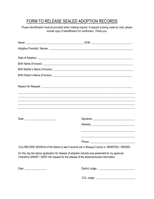 Form to Release Sealed Adoption Records - Bosque County, Texas Download Pdf