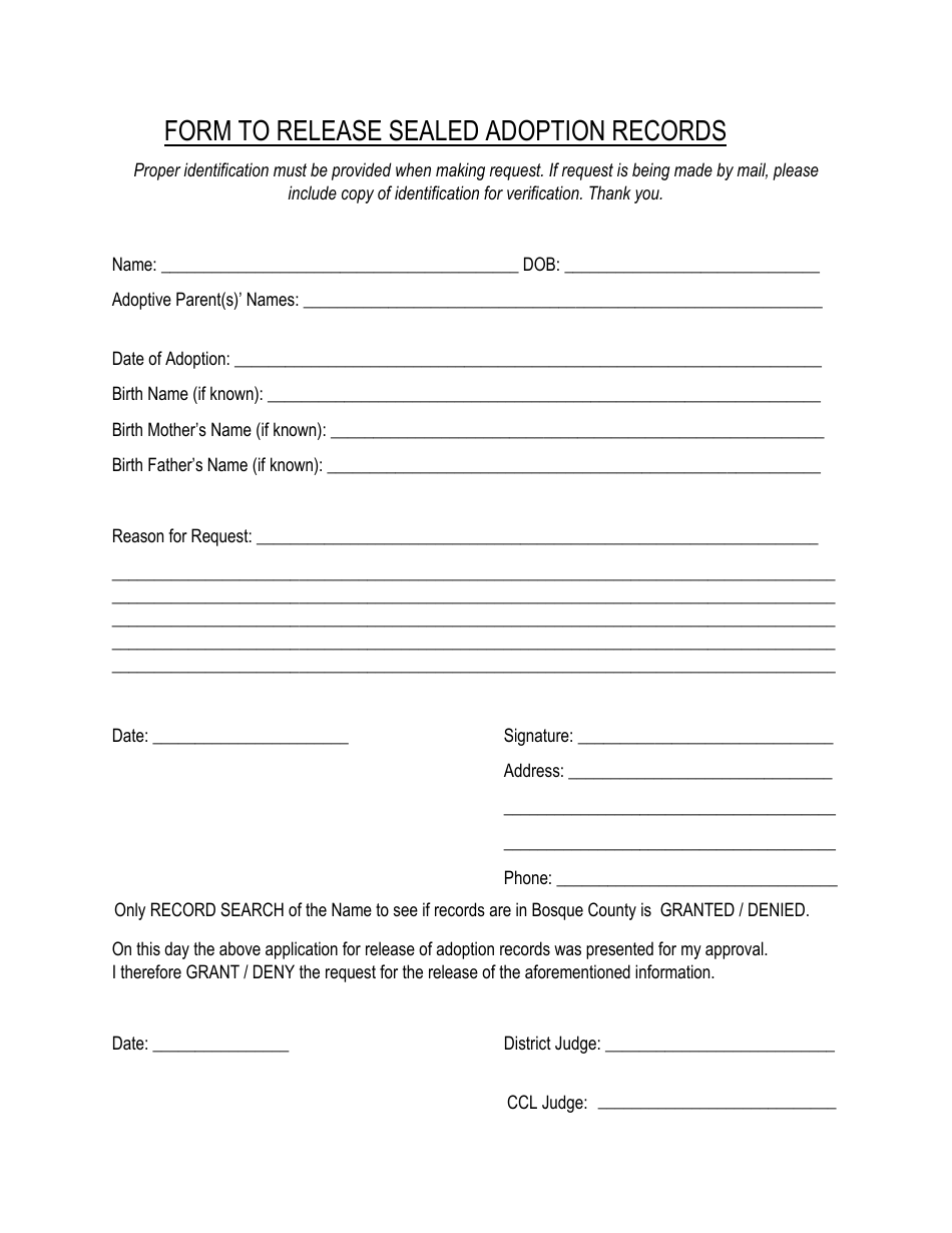 Form to Release Sealed Adoption Records - Bosque County, Texas, Page 1