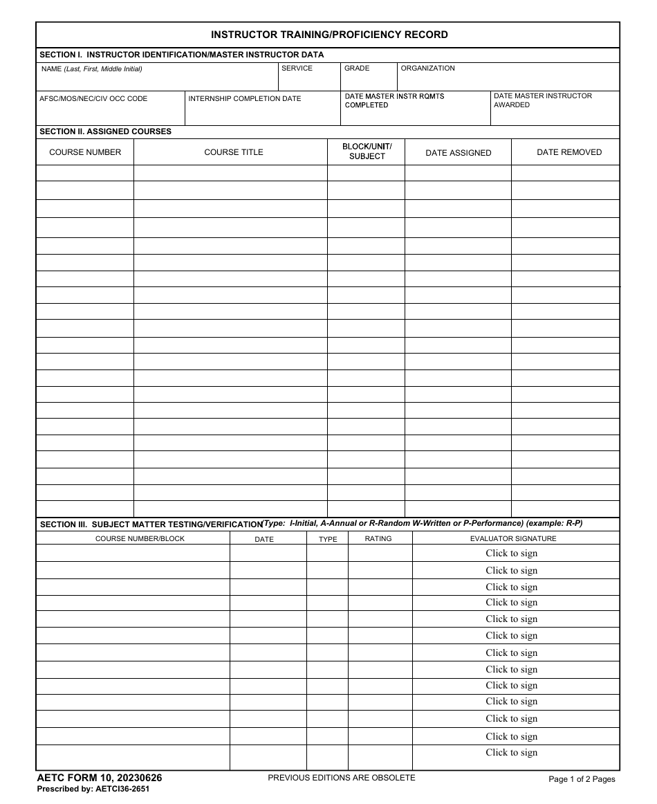 AETC Form 10 Instructor Training / Proficiency Record, Page 1