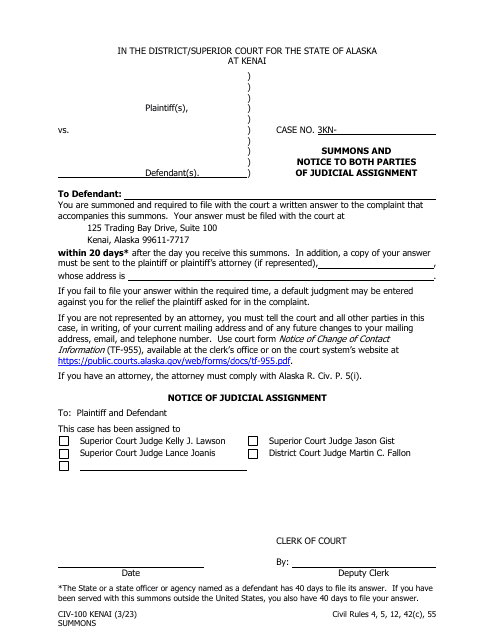 Form CIV-100 Summons and Notice to Both Parties of Judicial Assignment - Kenai - Alaska
