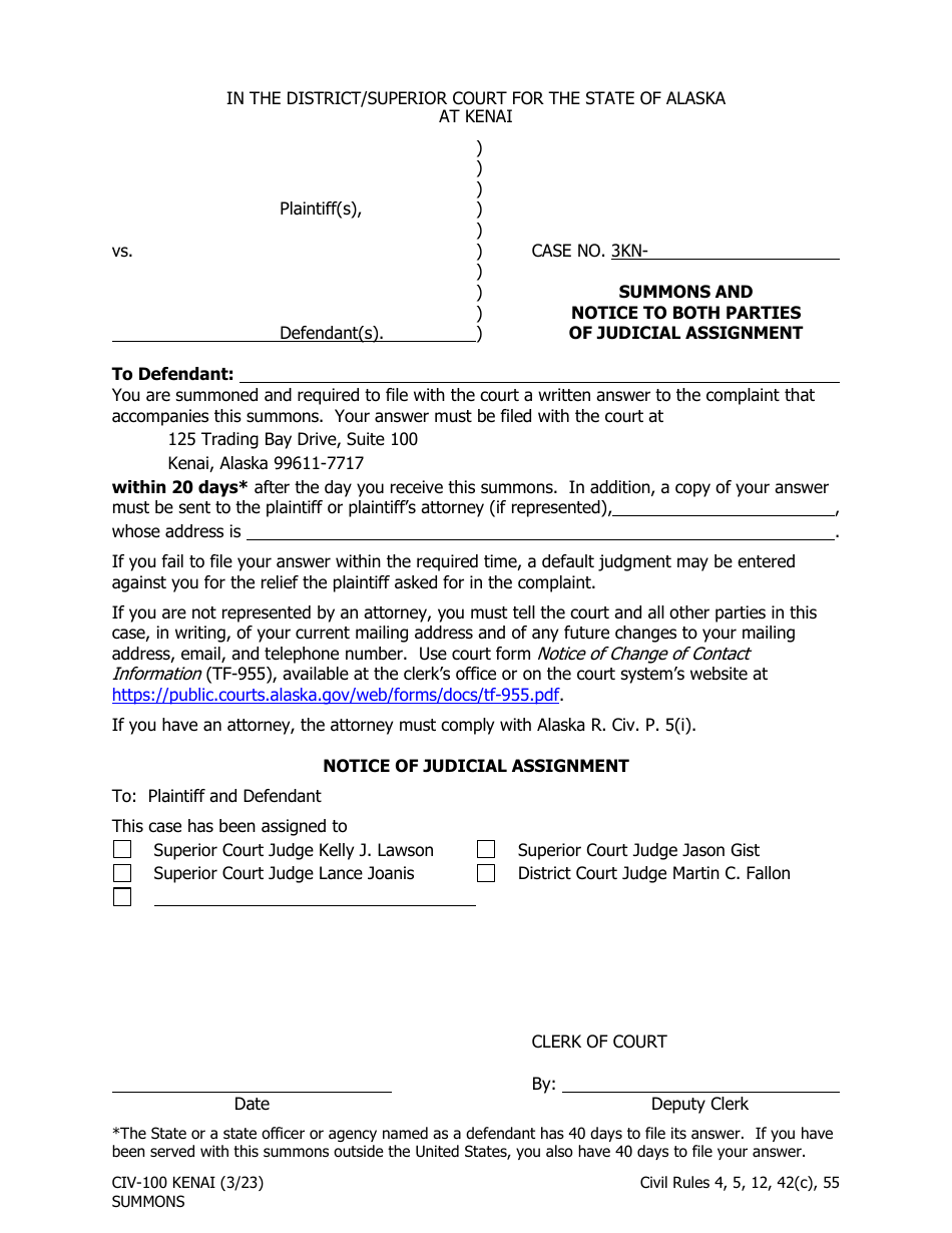 Form CIV-100 Summons and Notice to Both Parties of Judicial Assignment - Kenai - Alaska, Page 1